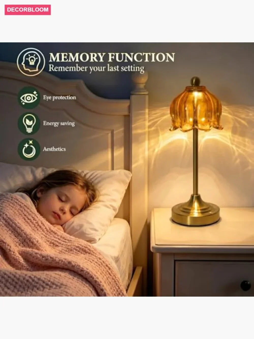 Vintage Tulip Glass Table Lamp Set of 2 Cordless LED Touch Dimmable Accent Light